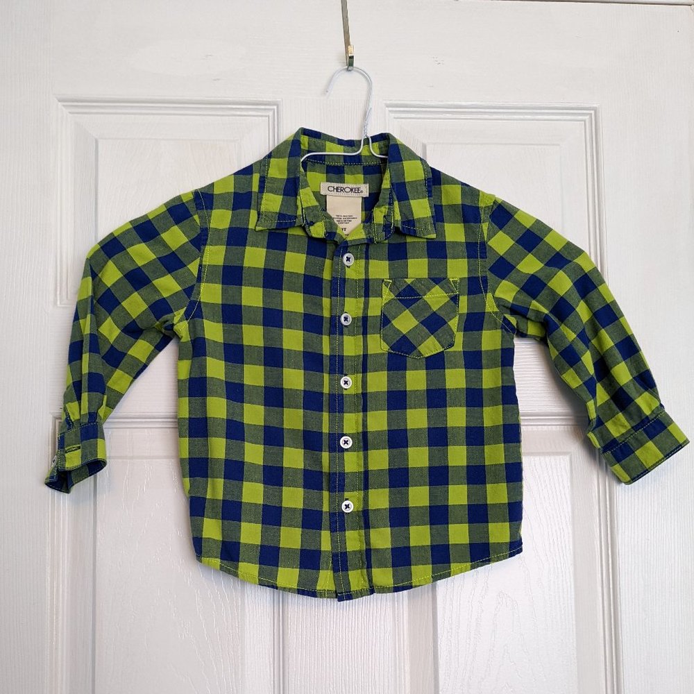 Cherokee Boy's Blue and Green Plaid Button Down 3T